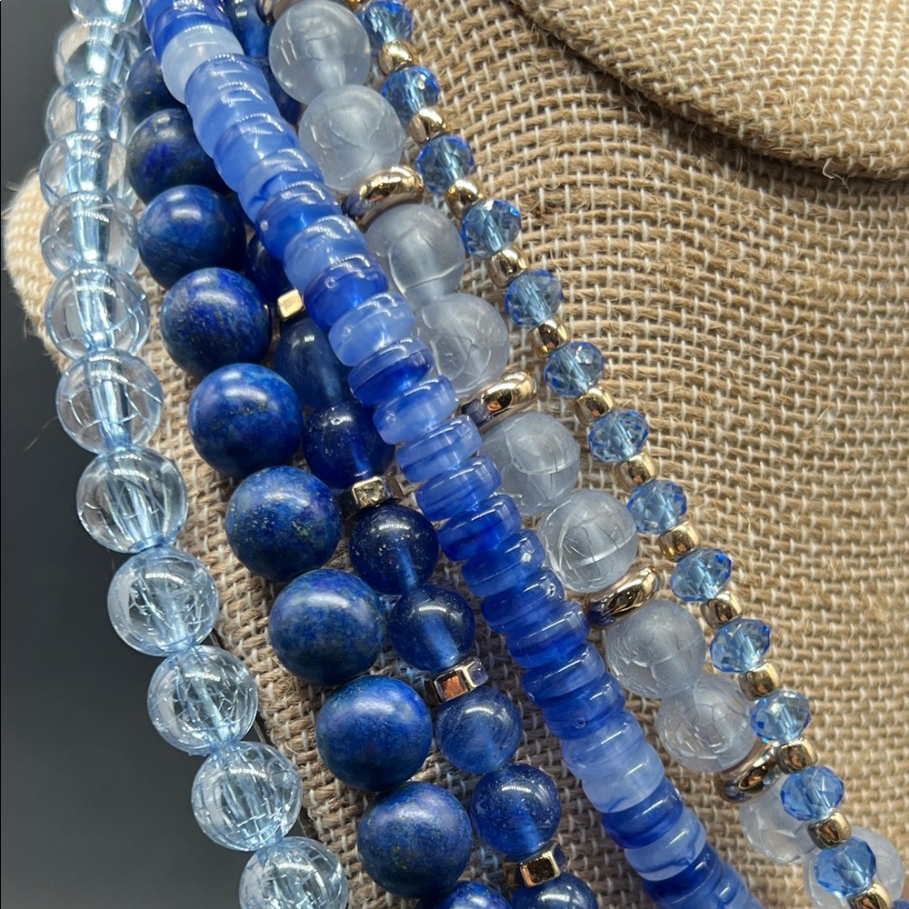 LOFT Blue Multi Strand Beaded Statement Necklace Layered Gold Tone 16.5–20” - Picture 5 of 6